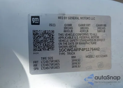 2023 Chevrolet Express G2500 z USA, uszkodzony, nr VIN 1GCWGAFP4P1176442